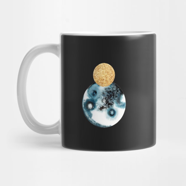 Abstract Overlapping Planet Moons in Black, Blue. and Gold by HRothstein